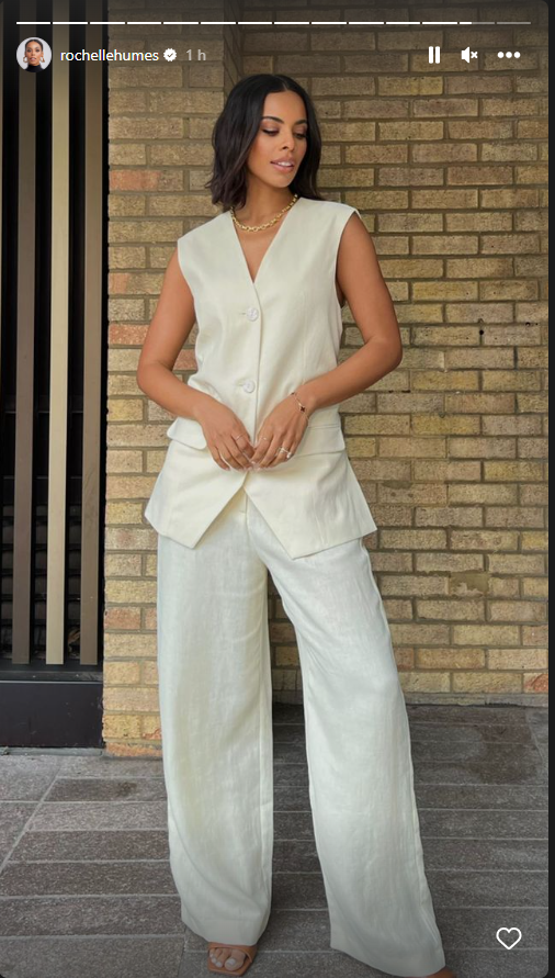 where to get all Rochelle Humes This Morning outfits beige waistcoat and trousers tan sandals 8 May 2023 Photo Amber Jackson