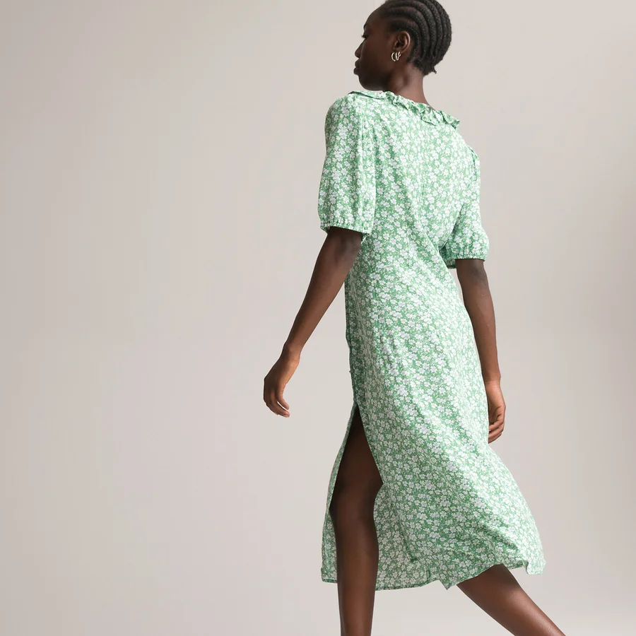 La Redoute Floral Puff Sleeve Dress with Ruffled Neck back view