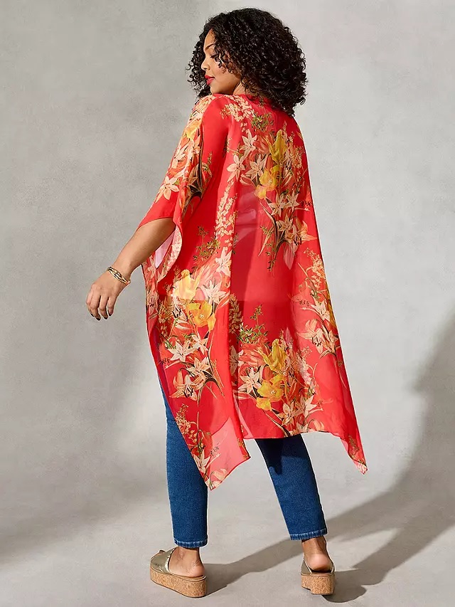 Live Unlinited Orange Tropical Floral Print Kimono back view