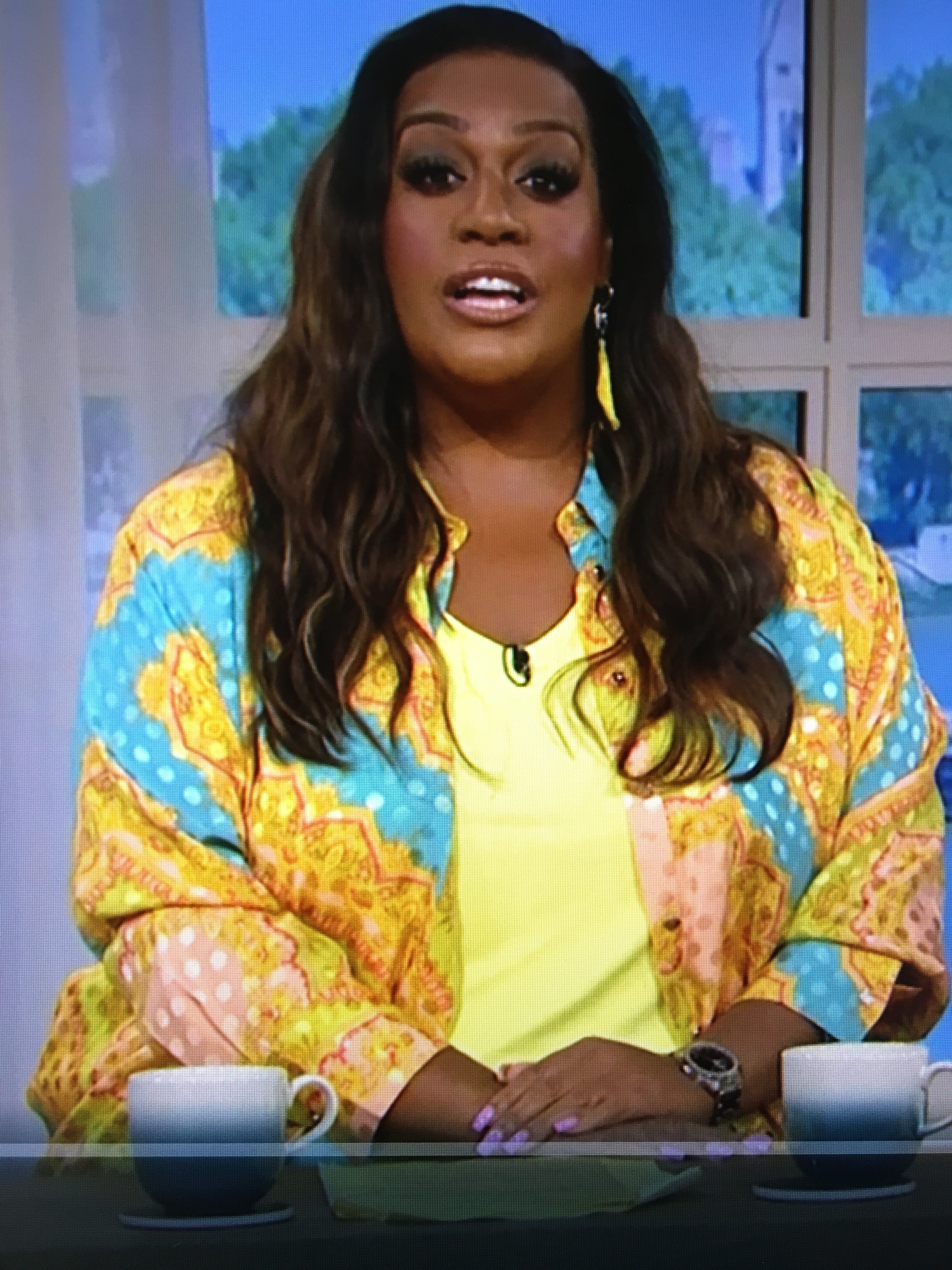 where to get all Alison Hammond This Morning outfits yellow and blue print dot shirt and trousers 1 June 2023 photo ITV