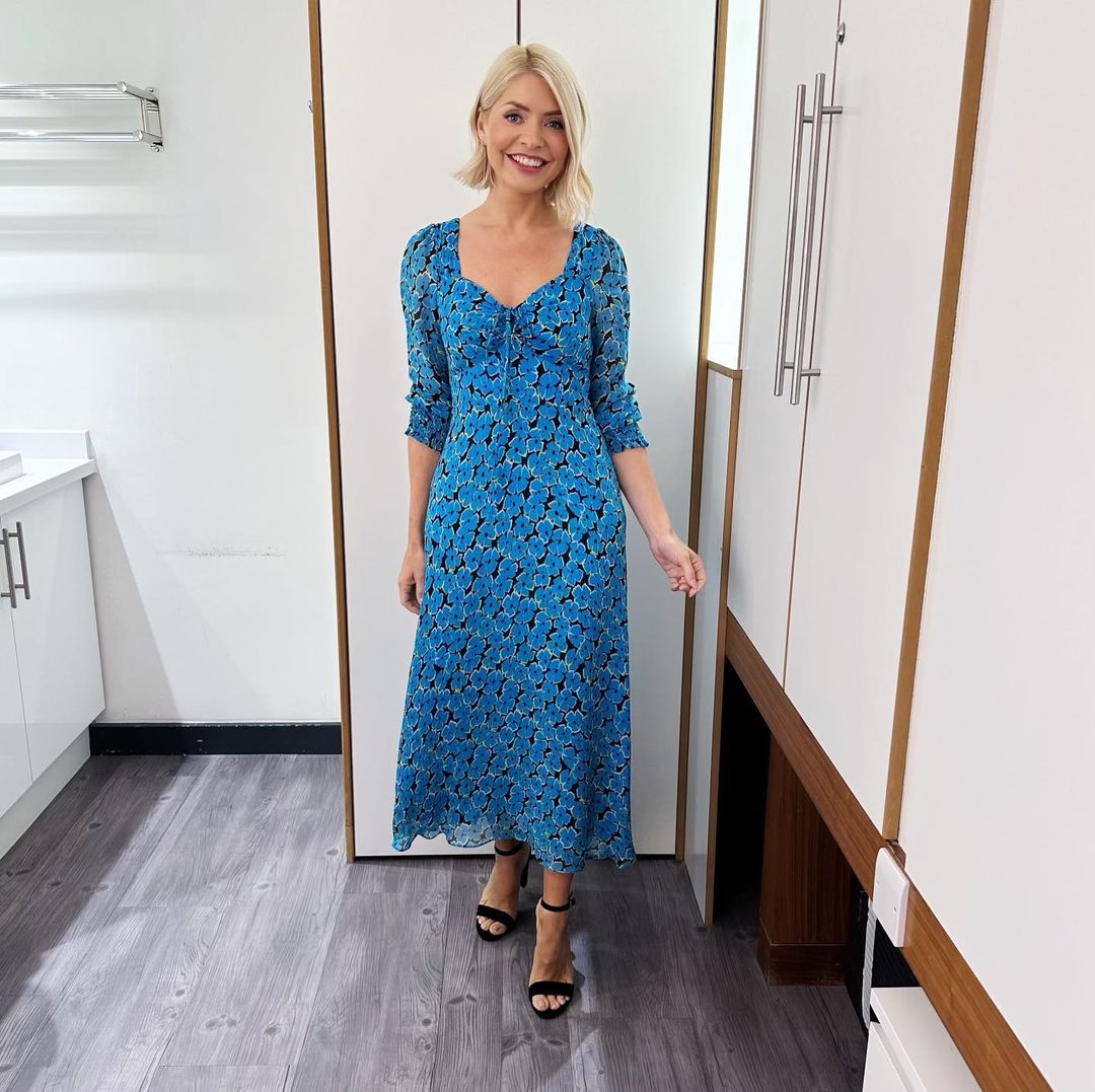 where to get all Holly Willoughby This Morning dresses blue floral sweetheart neck midi dress black suede sandals 13 June 2023 Photo Holly Willoughby