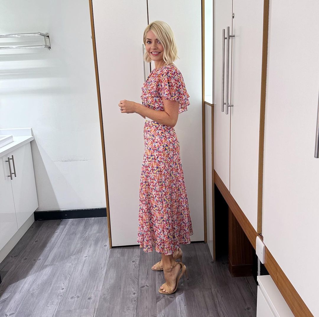 where to get all Holly Willoughby This Morning dresses confetti print ruffled midaxi dress nude suede sandals 19 June 2023 Photo Holly Willoughby
