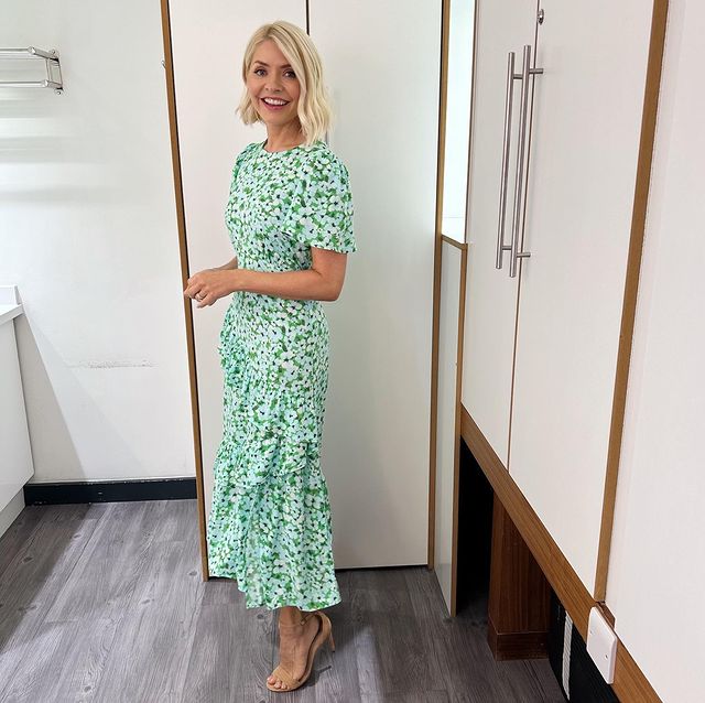 where to get all Holly Willoughby This Morning dresses green floral angel sleeve midi dress nude suede sandals 12 June 2023 Photo Holly Willoughby
