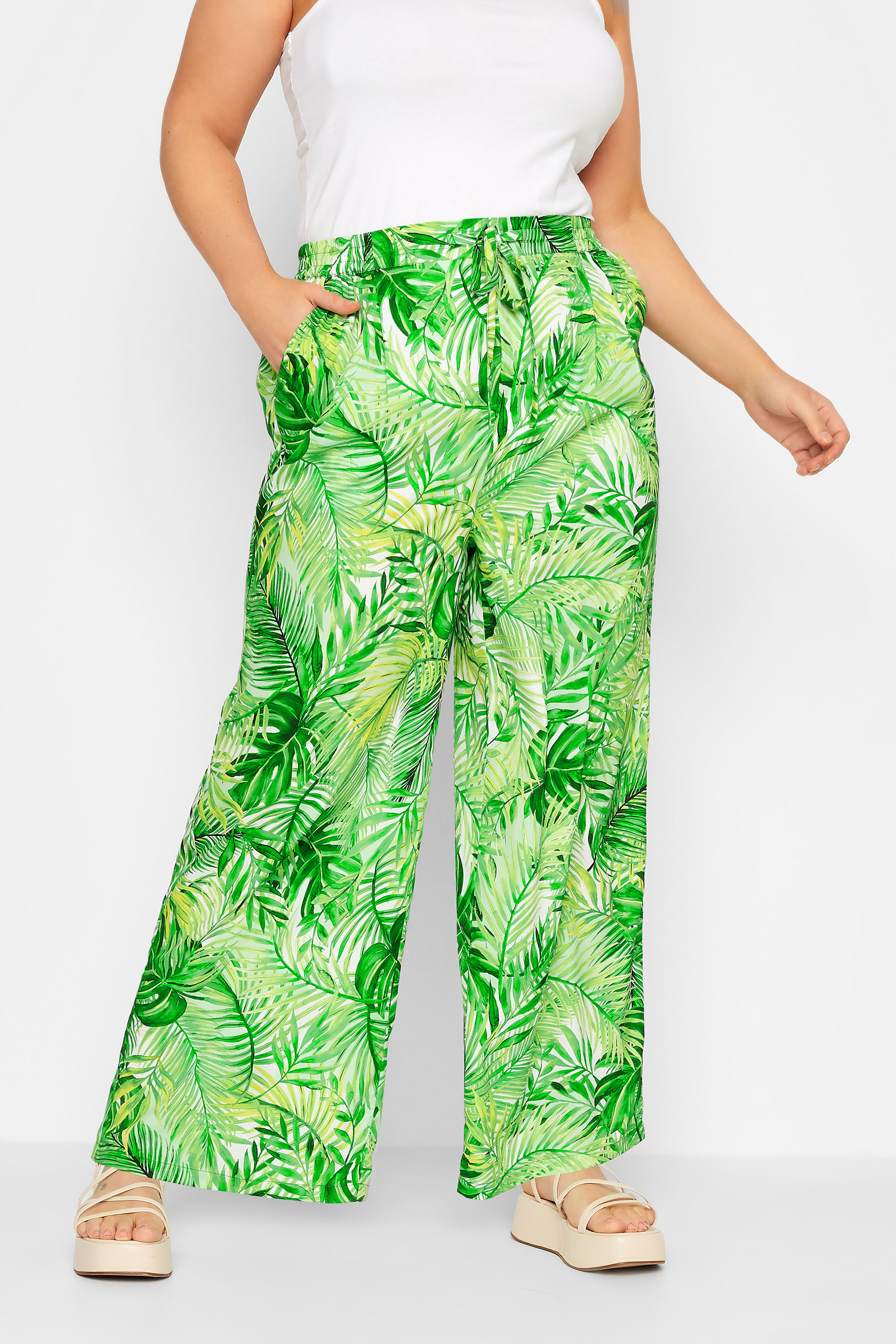 Yours Limited Collection Curve Green Leaf Print Wide Leg Trousers