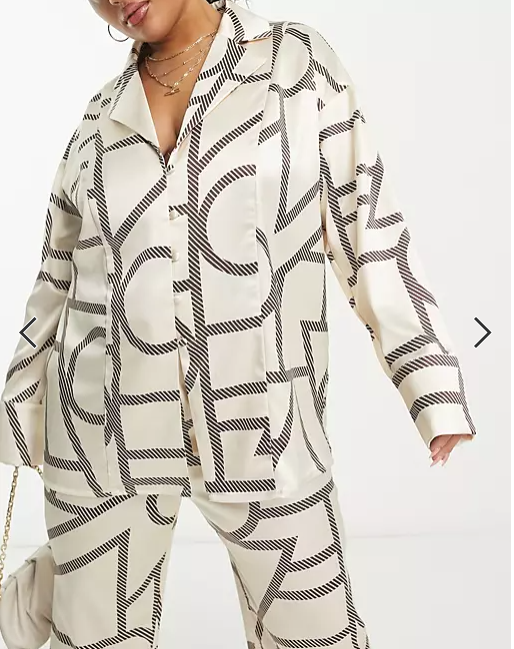 4th & Reckless Plus satin button front shirt co-ord in cream print