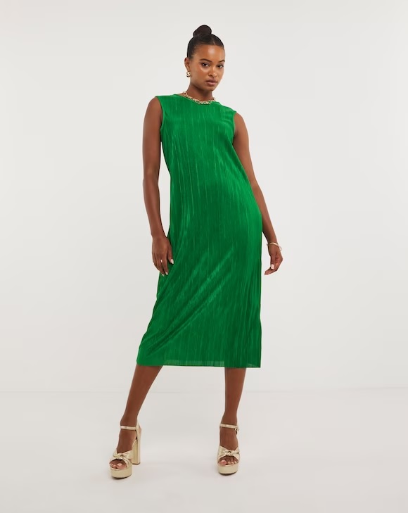 Green Plisse Sleeveless Midi Dress