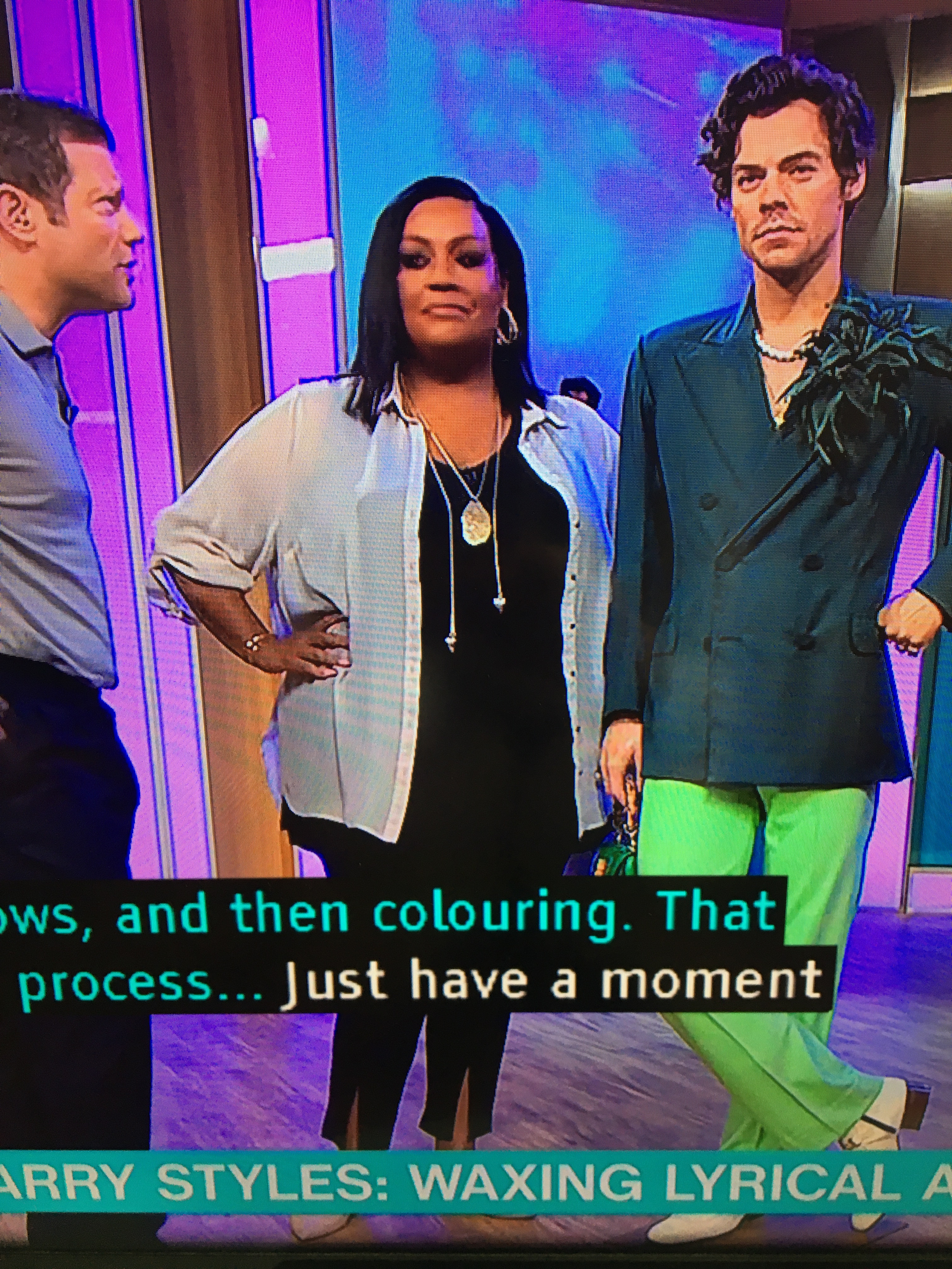 where to get all Alison Hammond This Morning outfits black front split trousers white shirt 18 July 2023 Photo ITV