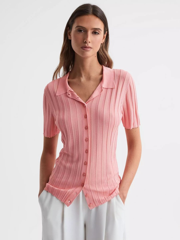 Reiss Stella Fitted Rib Knit Short Sleeve Shirt, Pink