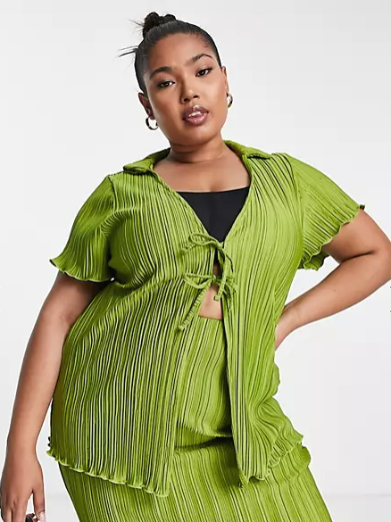 River Island Plus co-ord plisse buckle front top in green
