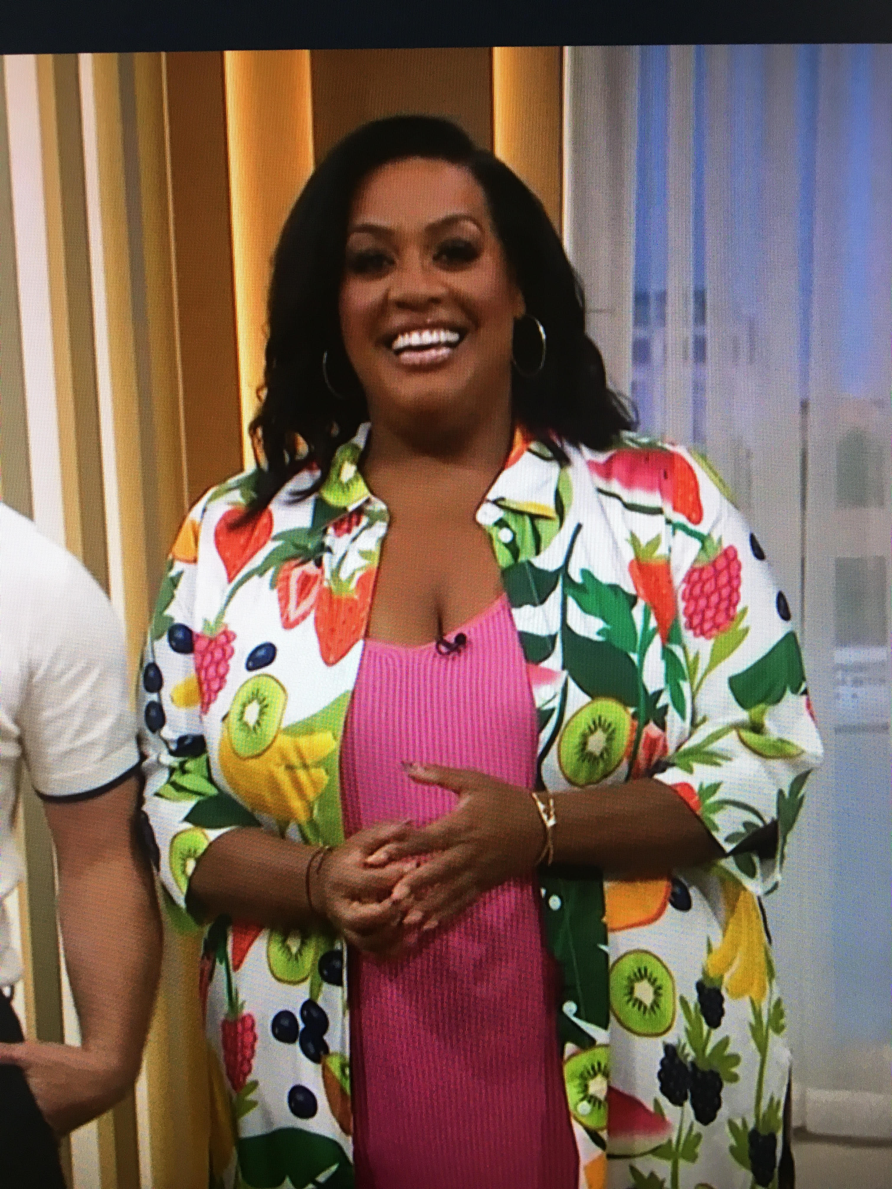 where to get all Alison Hammond This Morning outfits fruit print shirt pink knitted midi dress 28 July 2023 photo ITV