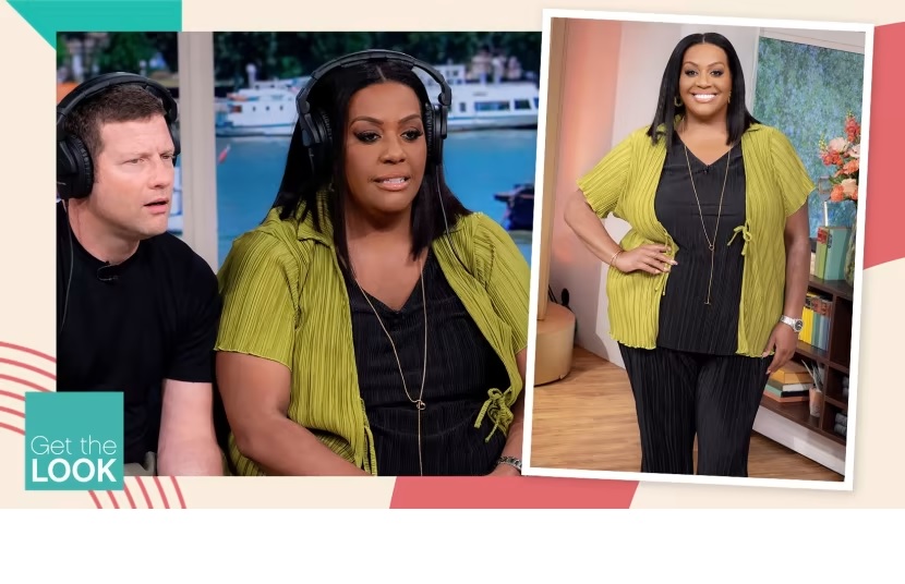 where to get all alison Hammond This Morning outfits green plisse tie jacket black plisse v neck top and trousers 17 July 2023 Photo ITV