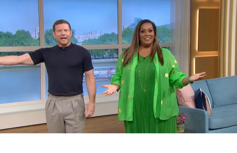 where to get all Alison Hammond This Morning outfits green shirt gold shell green pleated midi dress 11 July 2023 photo ITV