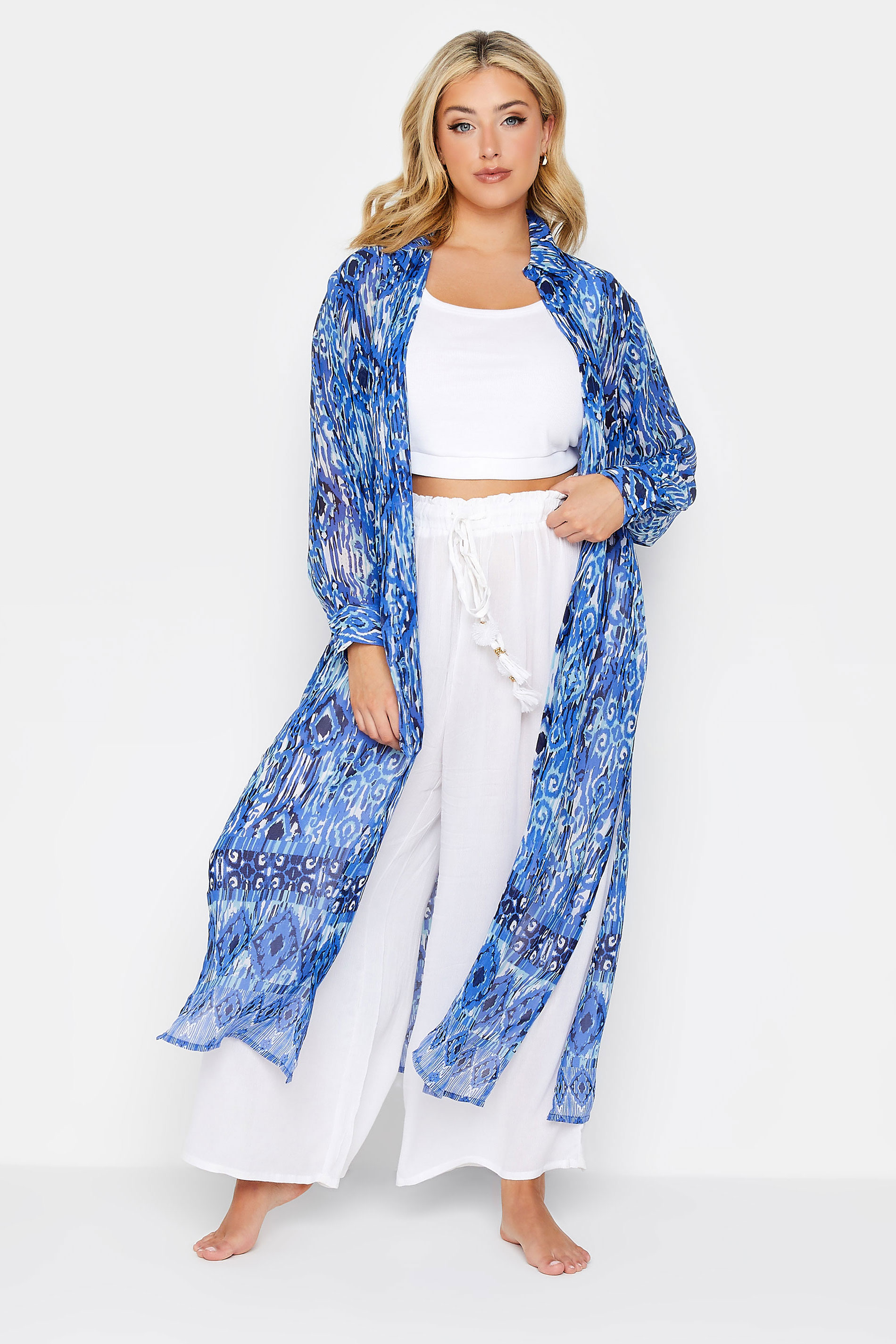 YOURS Curve Blue Aztec Border Print Longline Beach Shirt