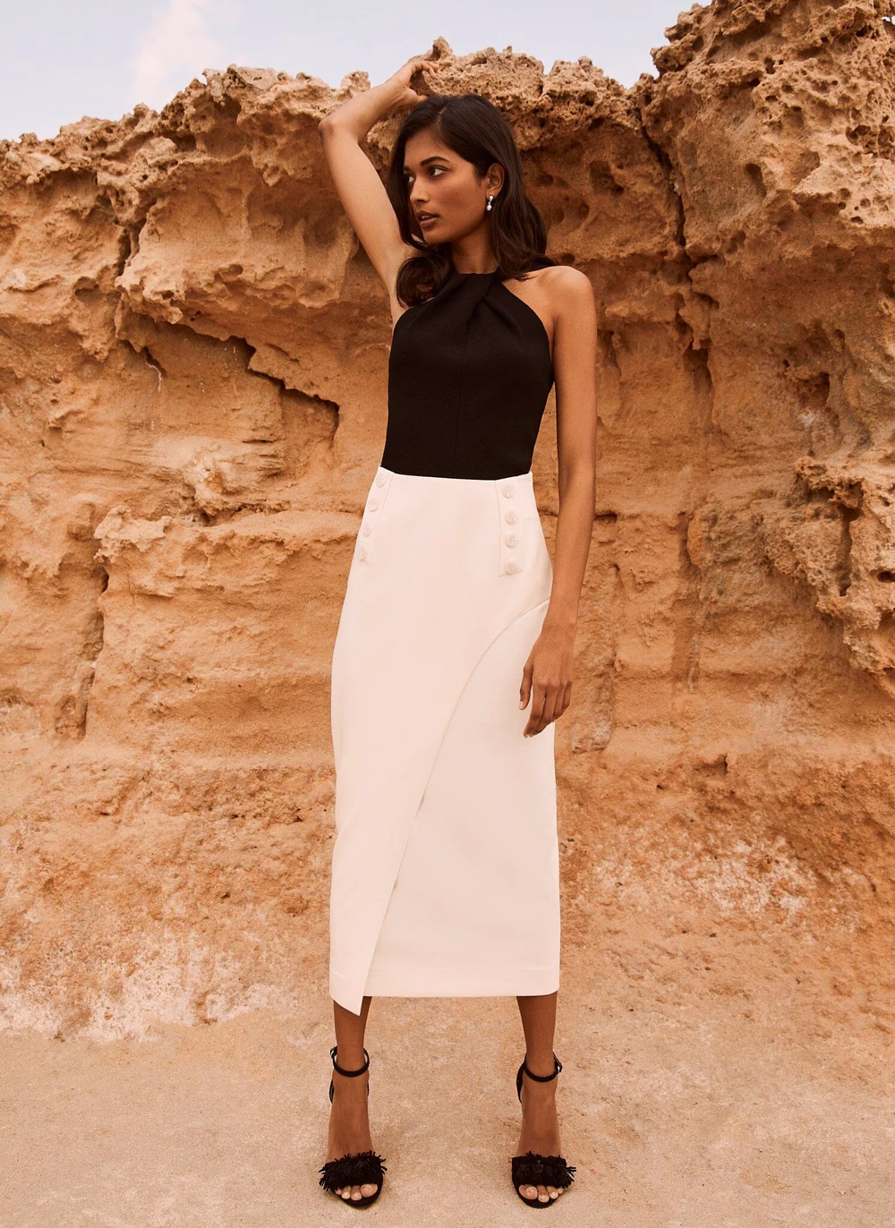 Mint Velvet Cream Button Detail Midi Skirt