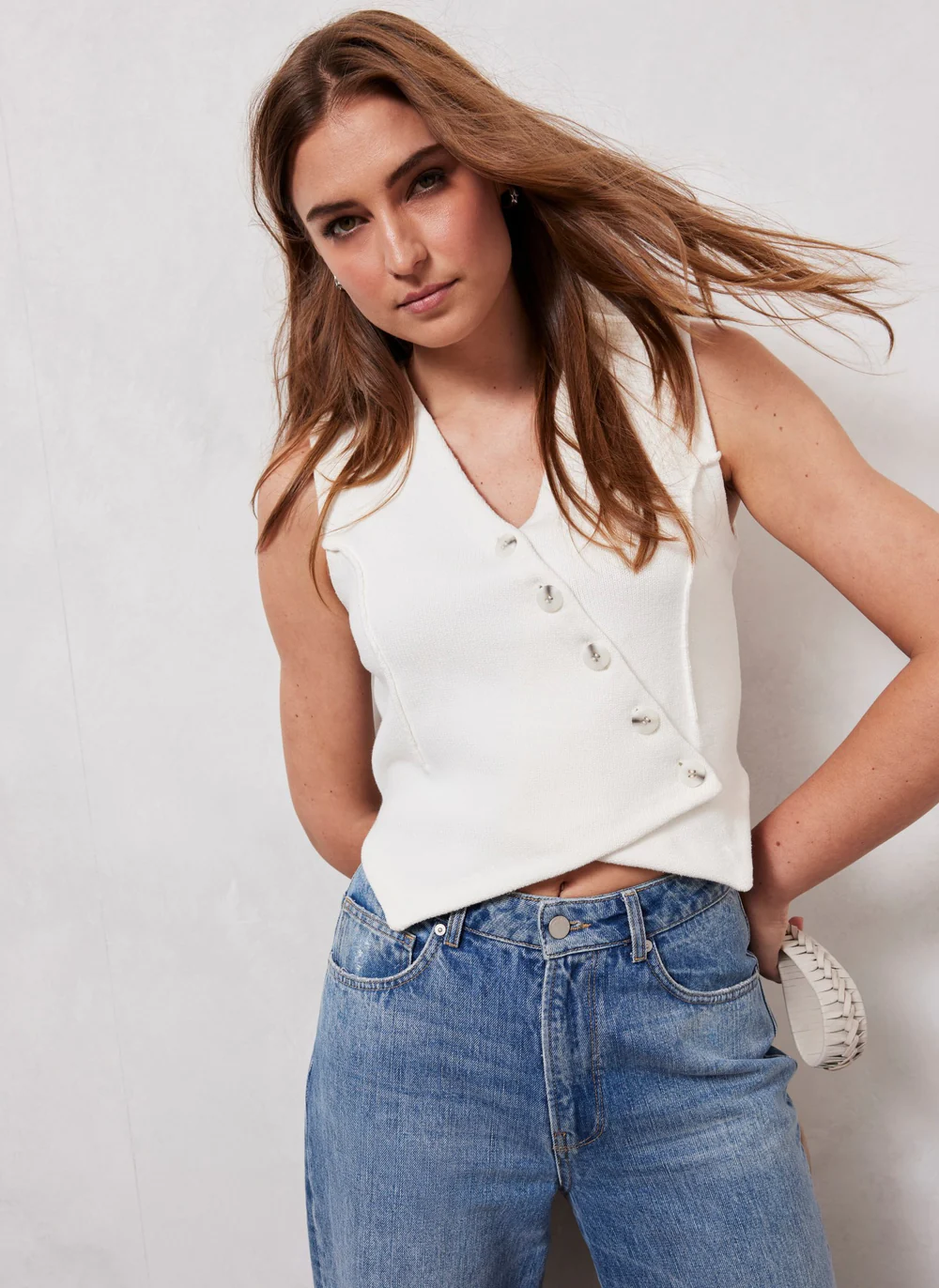 Mint Velvet White Cotton Knitted Waistcoat