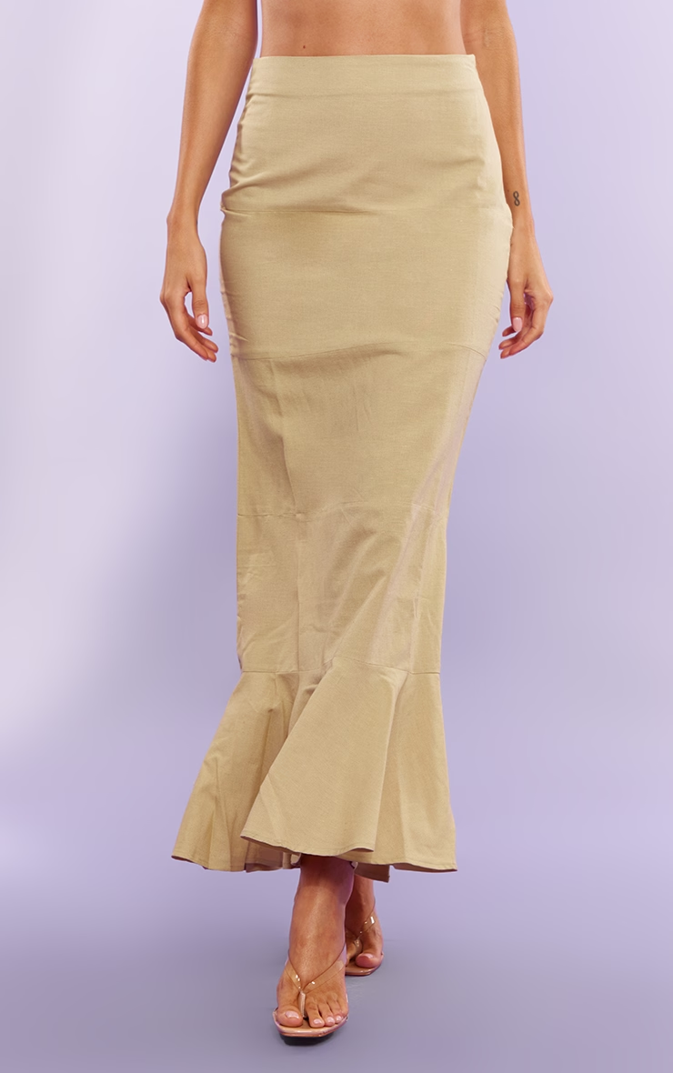 Pretty Little Thing Sage Linen Look Seam Detail Fishtail Frill Edge Maxi Skirt