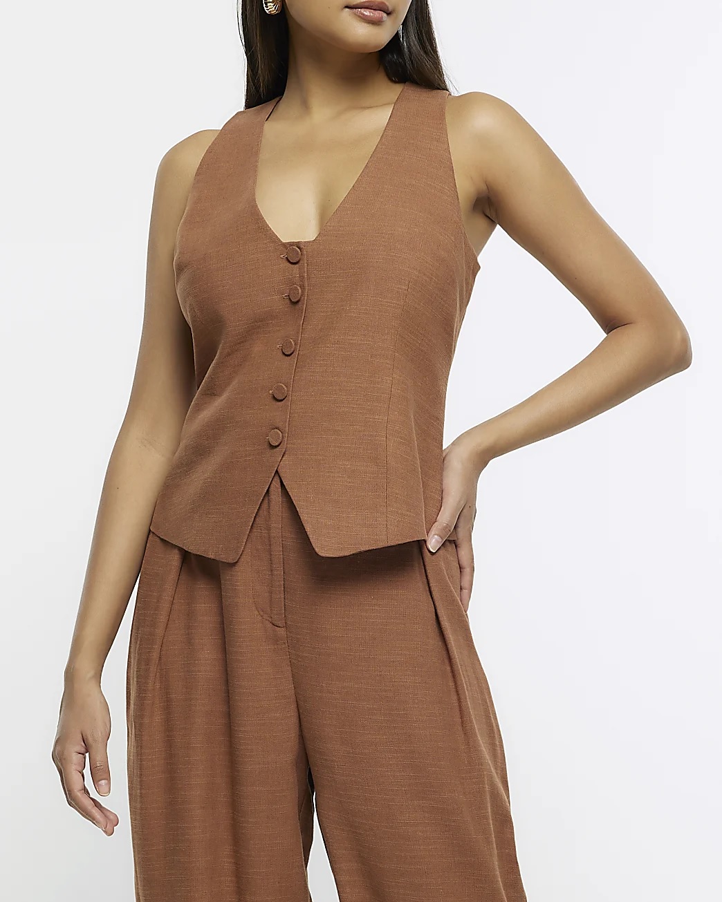 River Island Brown Button Up Waistcoat With Linen Blend