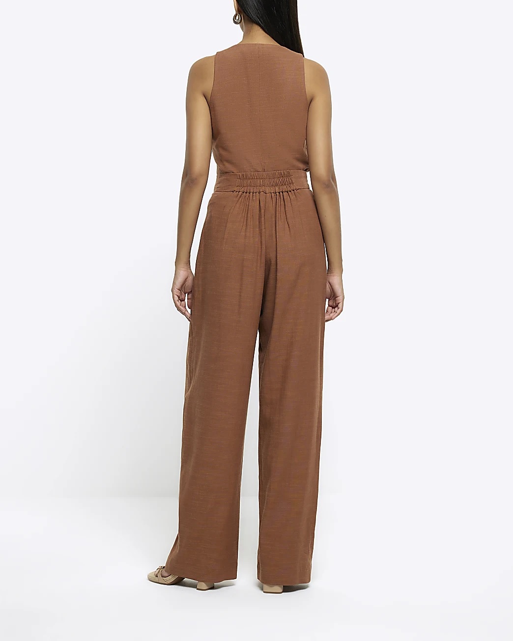 River Island Brown Wide Leg Trousers With Linen Blend back view