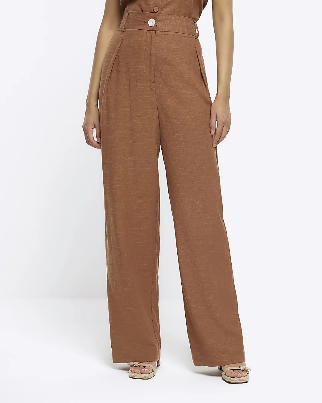 River Island Brown Wide Leg Trousers With Linen Blend