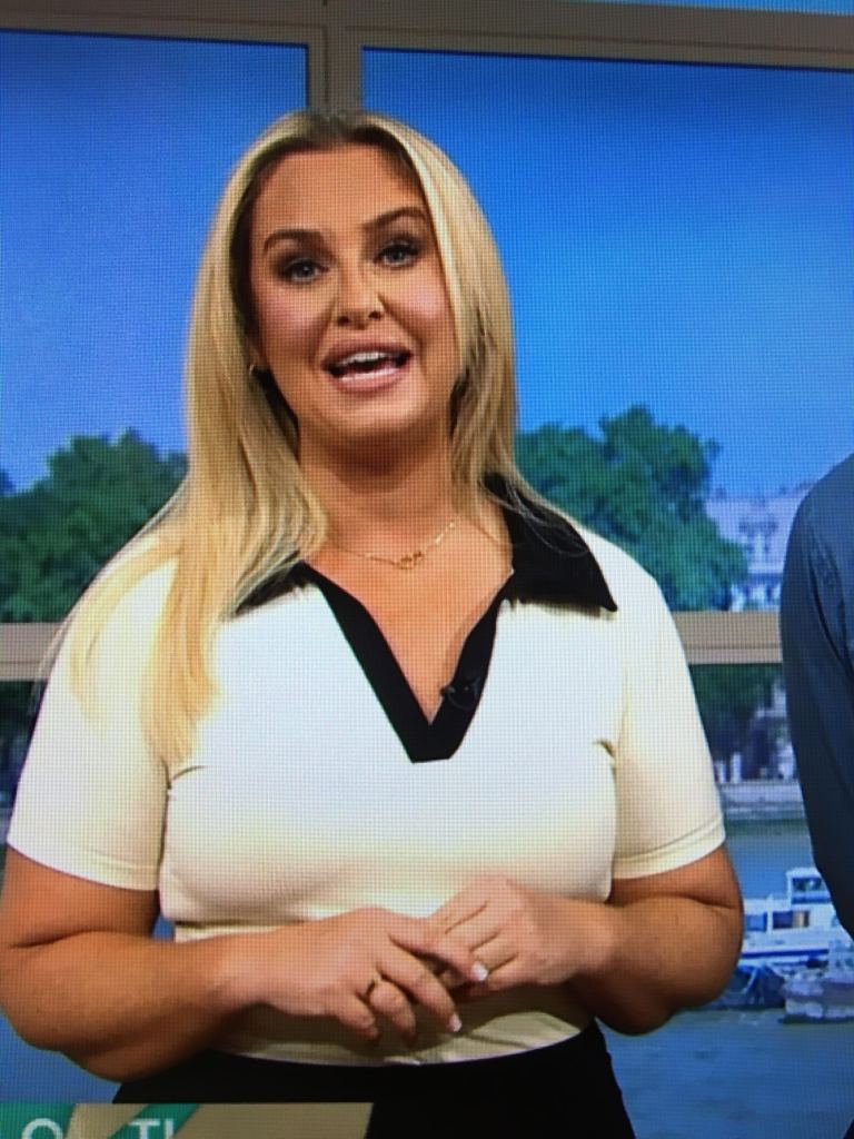 where to get all josie Gibson This Morning outfits cream rib top with black collar black maxi skirt 16 August 2023 Photo ITV