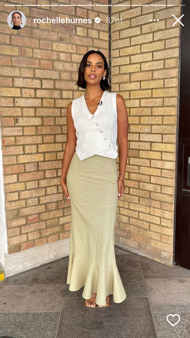 where to get all Rochelle Humes This Morning outfits white knitted asymmetric button waistcoat light green fishtail maxi skirt tan mules 25 August 2023 Photo Rochelle Humes