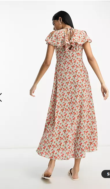 ASOS DESIGN flutter sleeve midi tea dress with buttons in ditsy floral print back view