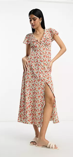 ASOS DESIGN flutter sleeve midi tea dress with buttons in ditsy floral print v2