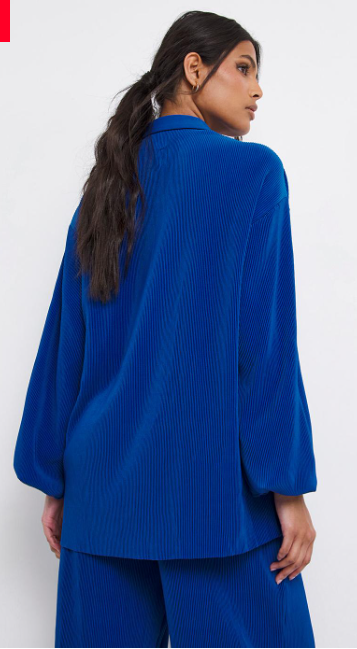 Fashion world Blue Long Sleeve Plissé Shirt back view
