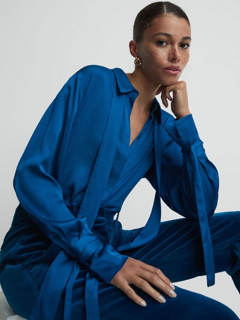 Reiss Gabrielle Hammered Satin Removable Tie Detail Blouse