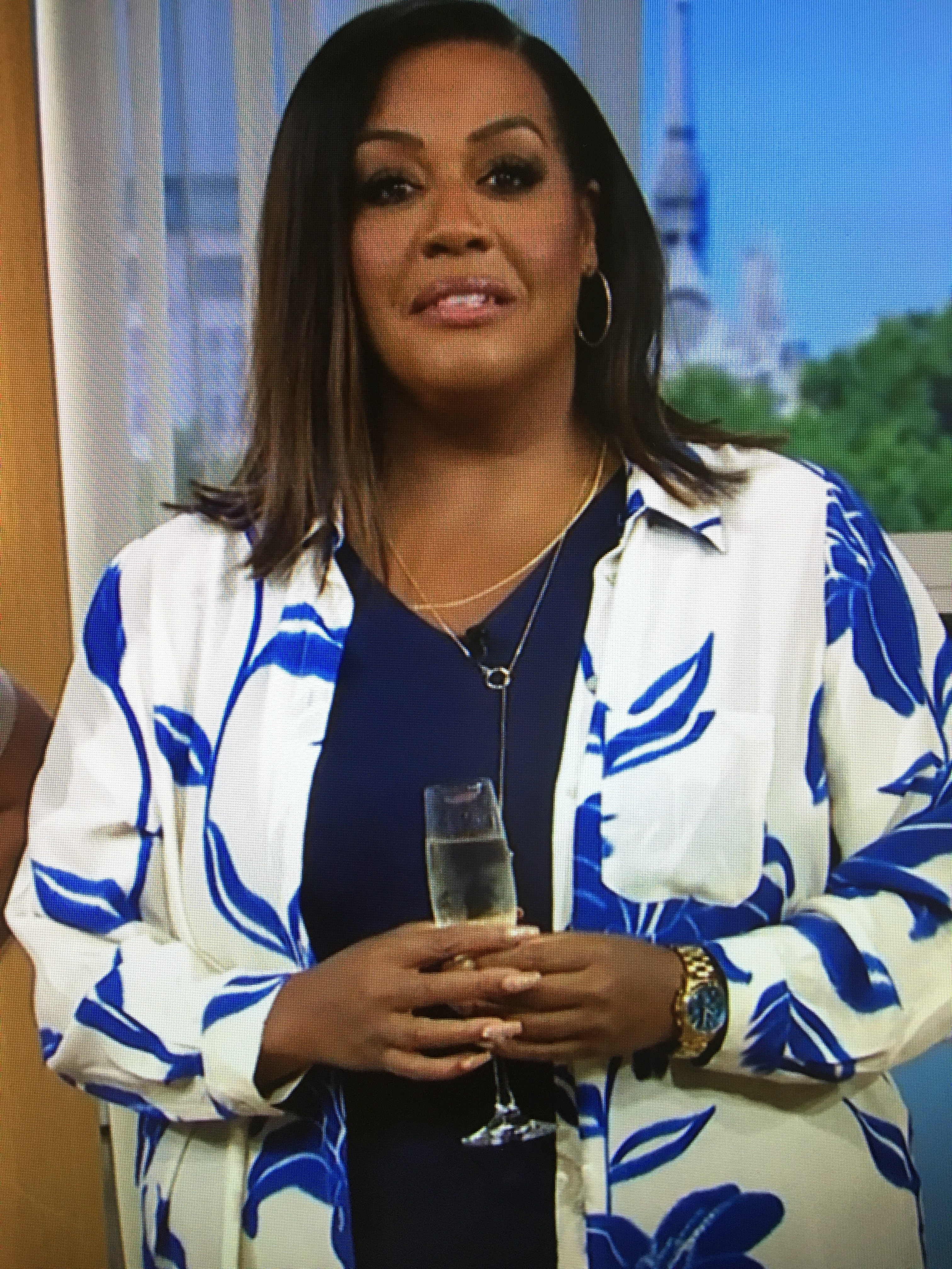 where to get all Alison Hammond This Morning outfits white and blue floral shirt navy maxi dress 8 September 2023 Photo ITV