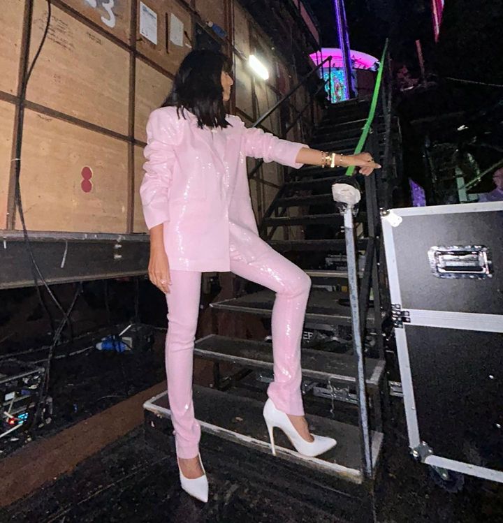 where to get all Claudia Winkleman Strictly Come Dancing outfits pink sequin trouser suit white court shoes 30 September 2023 Photo Claudia Winklemna