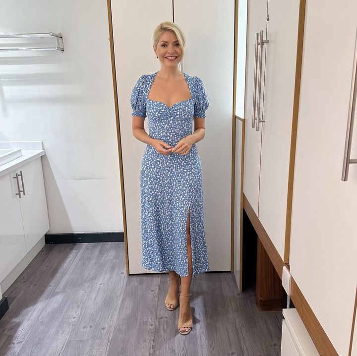 where to get all Holly Willoughby This morning dresses blue floral puff sleeve split midi dress nude suede sandals 6 September 2023 Photo Holly Willoughby
