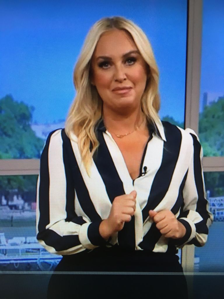 where to get all Josie Gibson This Morning outfits black and cream striped shirt black pencil skirt 28 September 2023 Photo ITV