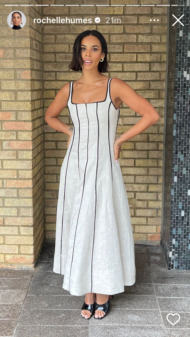 where to get all Rochelle Humes This Morning outfits natural panelled black seam linen midi dress 1 September 2023 Photo Rochelle Humes