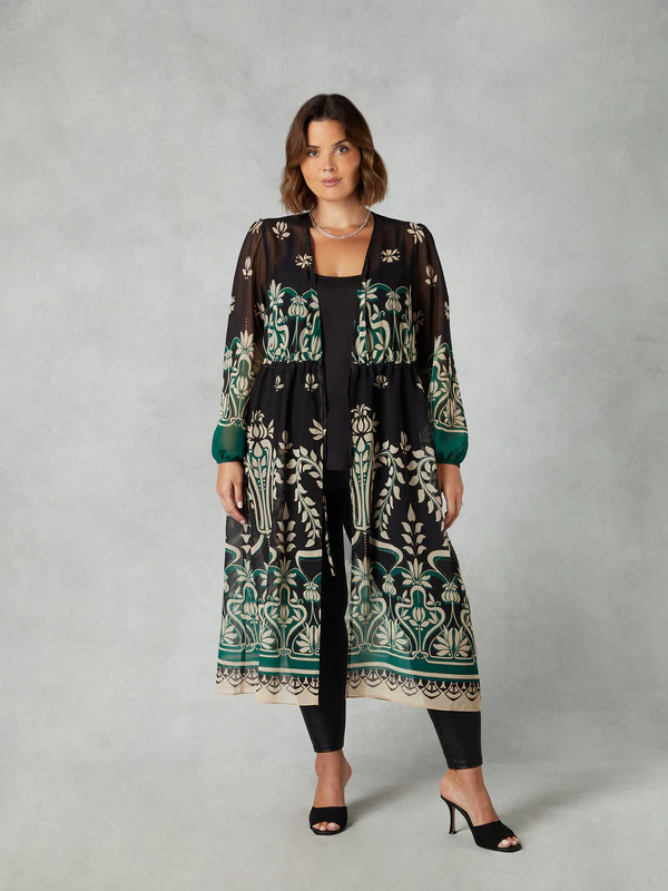 Live Unlimited Black &amp; Green Placement Print Longline Kimono