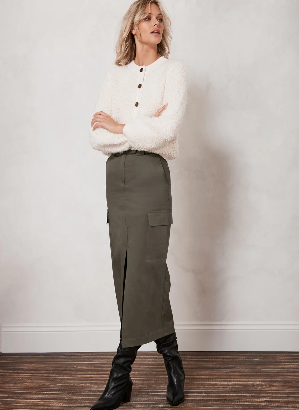 Mint Velvet Khaki Cotton Cargo skirt