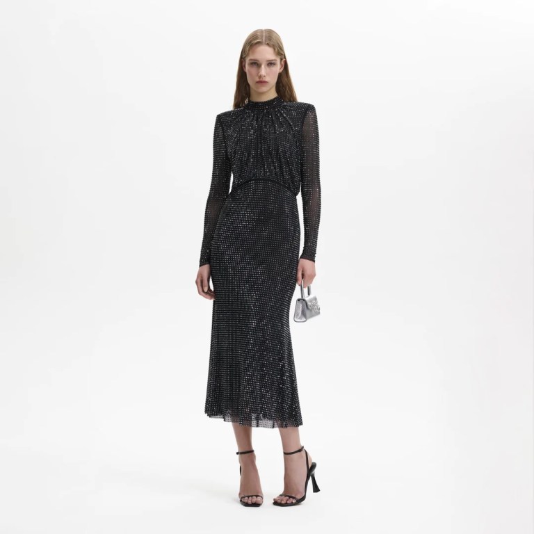 Self Portrait Black Rhinestone Mesh Long Sleeve Midi Dress