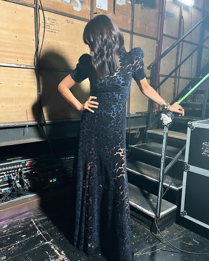 where to get all Claudia Winkleman Strictly Come Dancing outfits short sleeve black tulle dress with velvet flower booms maxi dress 28 October 2023 Photo Claudia Winkleman