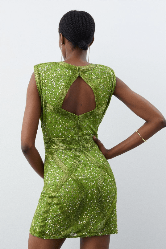 Karen Millen Crystal Embellished Strong Shoulder Woven Mini Dress back view