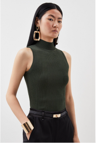 Karen Millen Viscose Blend Sleeveless Rib Knit Funnel Neck Top