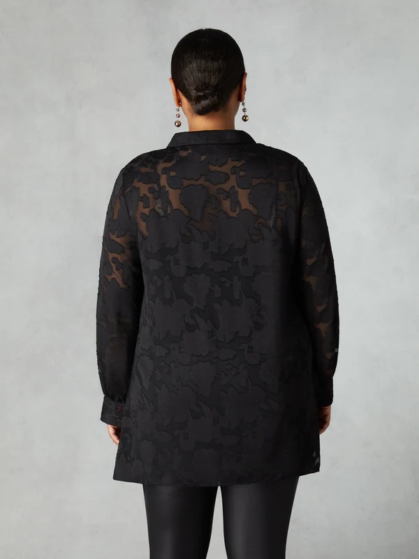 Live Unlimited Black Floral Burnout Hanky Hem Longline Shirt back view