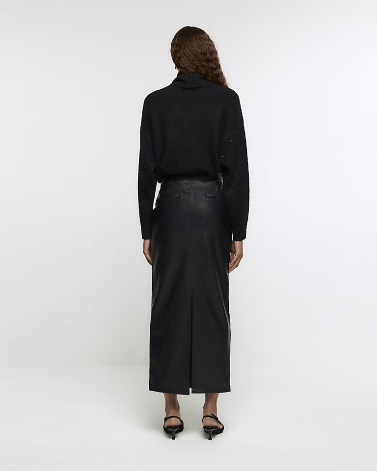 River Island Black Faux Leather Tailored Midi Skirt back view