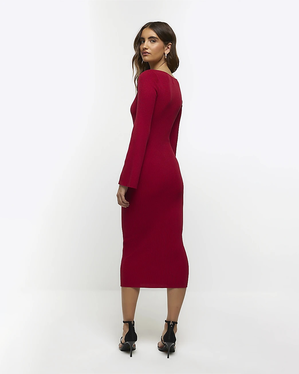River Island Red Rib Long Sleeve Bodycon Midi Dress back view
