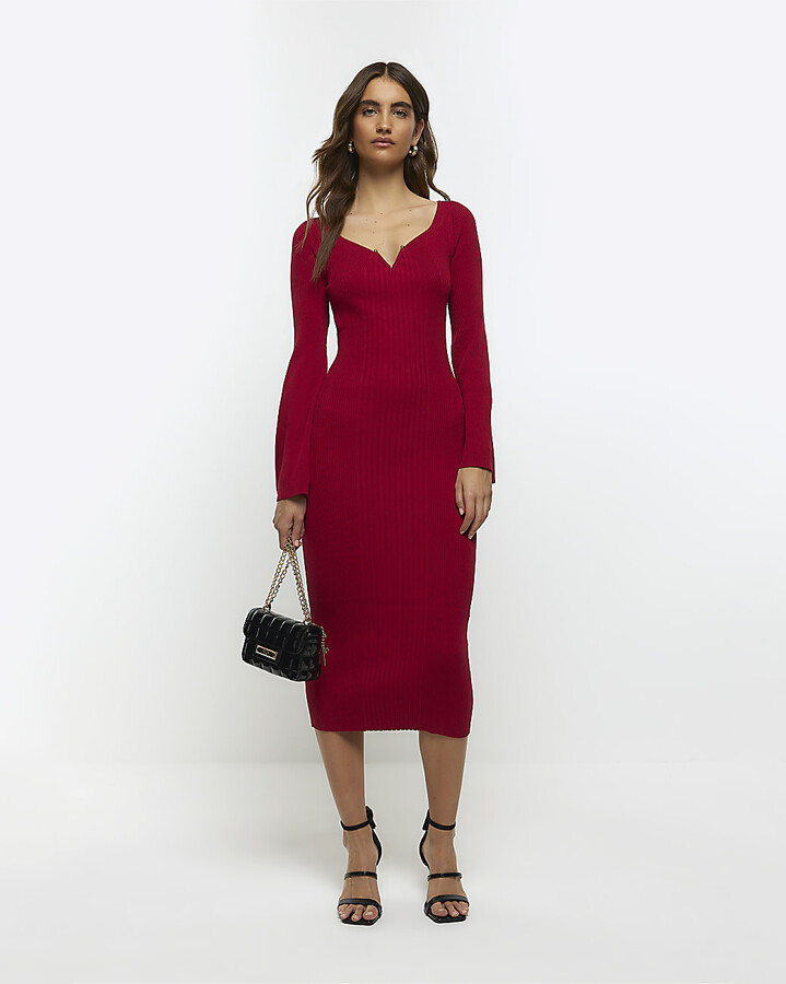 River Island Red Rib Long Sleeve Bodycon Midi Dress