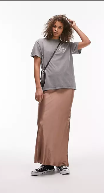 Topshop Satin Bias Maxi Skirt in Taupe