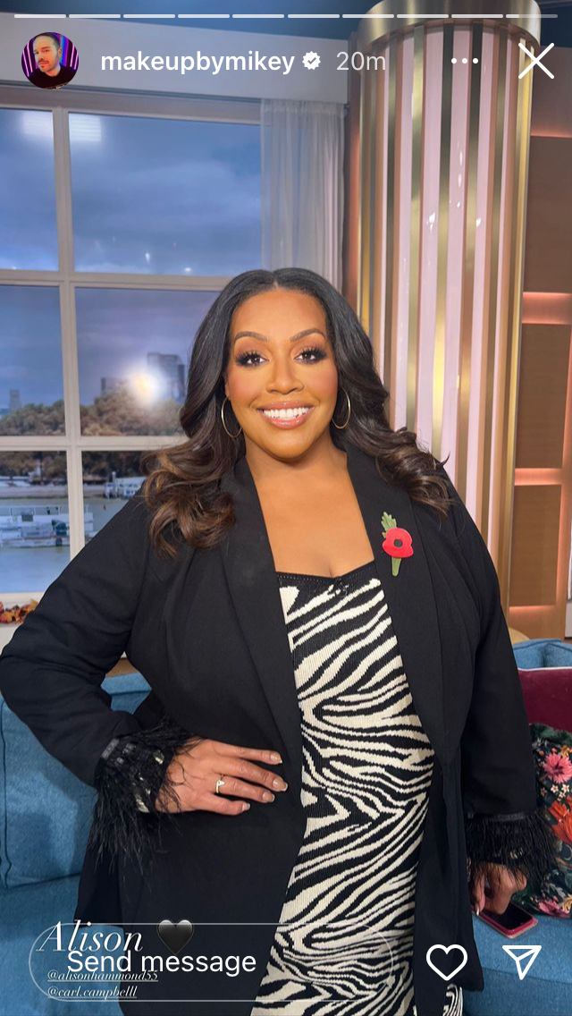 where to get all Alison Hammond This Morning outfits black and white animal knit midi dress black blazer feather cuff 3 November 2023 Photo Mikey Phillips