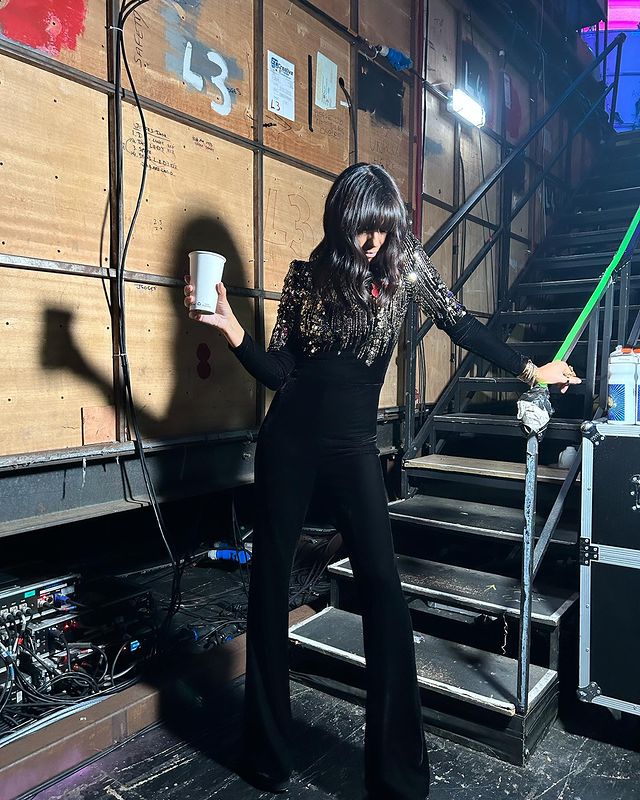 where to get all Claudia Winkleman Strictly Come Dancing outfits black velvet jumpsuit with gold sequin embellishment 4 November 2023 Photo Claudia Winkleman