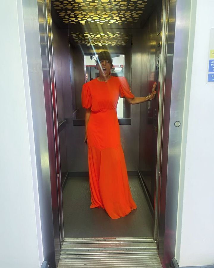 where to get all Claudia Winkleman Strictly Come Dancing outfits red puff sleeve maxi dress 25 November 2023 Photo Claudia Winkle