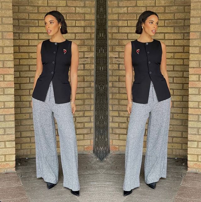 where to get all Rochelle Humes this Morning outfits black long waistcoat grey tweed trousers 8 November 2023 where to get all Rochelle Humes this Morning outfits black long waistcoat grey tweed trousers 8 November 2023 Photo Amber Jackson