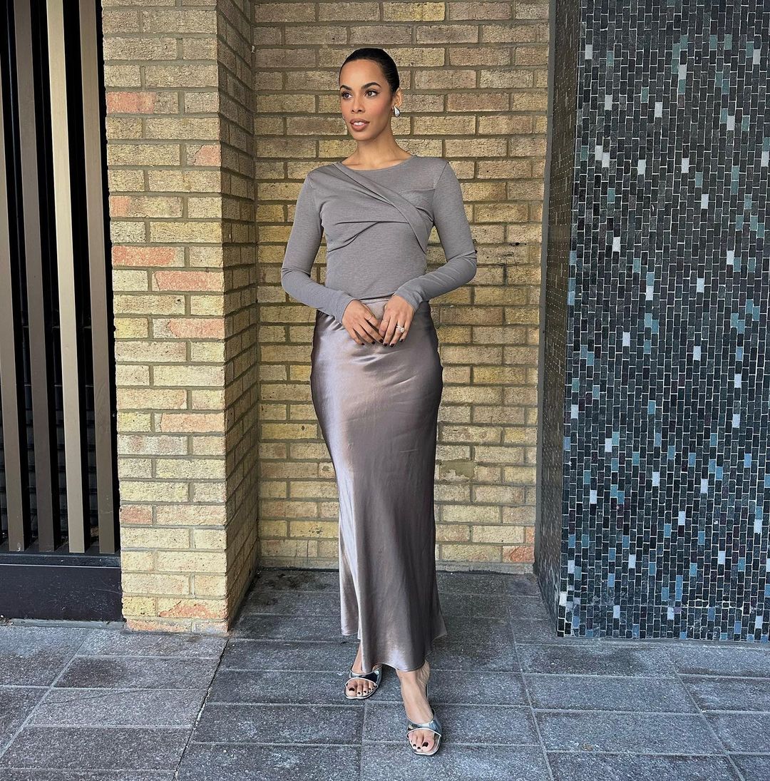 where to get all Rochelle Humes This Morning outfits grey taupe twist top grey taupe satin midi skirt silver mules 29 November 2023 Photo Amber Jackson